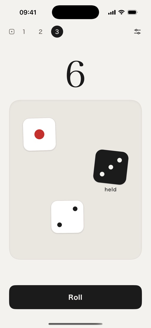 Sainome with one die held: the held die is dark and labelled held.