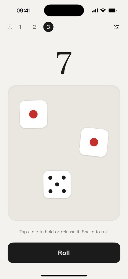 Sainome after a roll: three dice at rest and the total, 7, in large type.