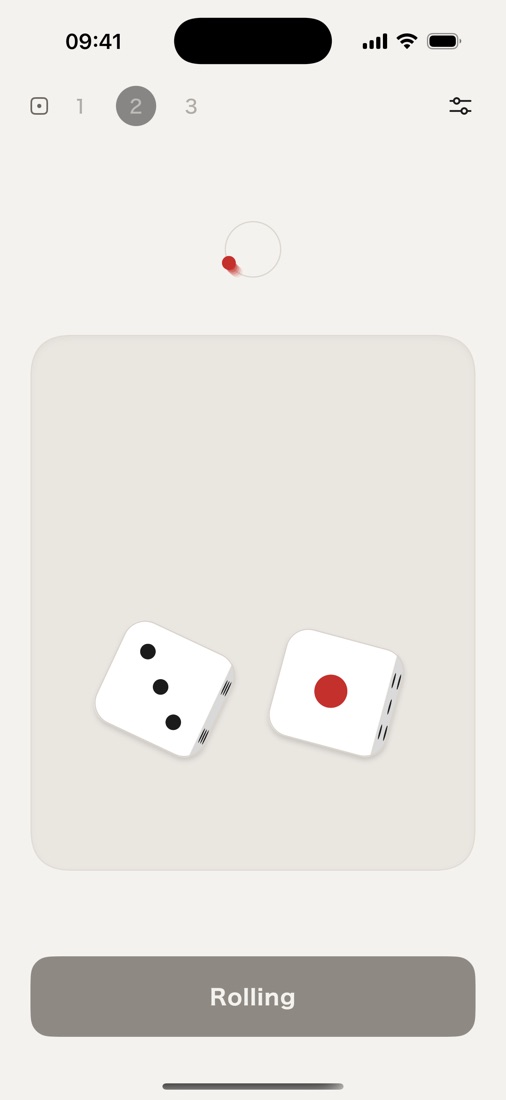 Sainome while rolling: two dice tumbling, with a red pip circling where the total will appear.